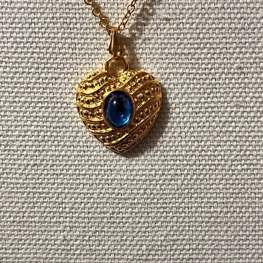 Gold and Blue Heart Pendant Necklace with Sapphire Accent